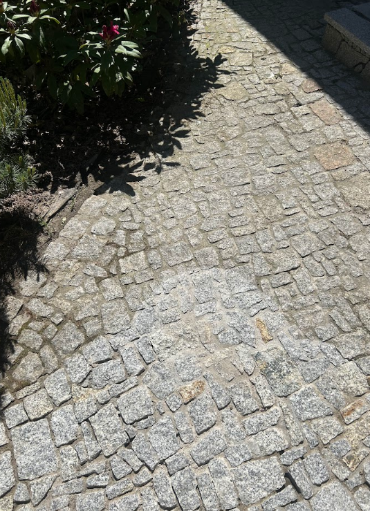 Kostka brukowa w trakcie mycia – widoczna różnica między częścią umytą a brudną